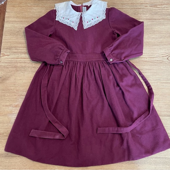 burgundy dress with white collar Hand Smocked Peter Pan Collar Short Sleeve Dress in Burgundy